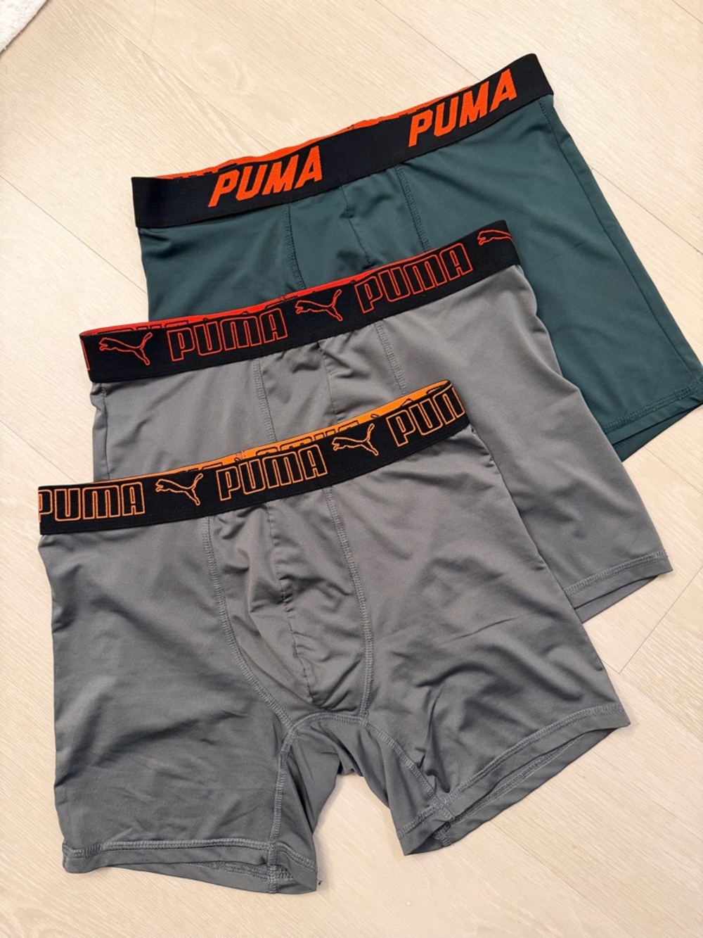 Puma Men’s Boxer Brief 3-Pack in Green & Gray with Orange Logo Waistband